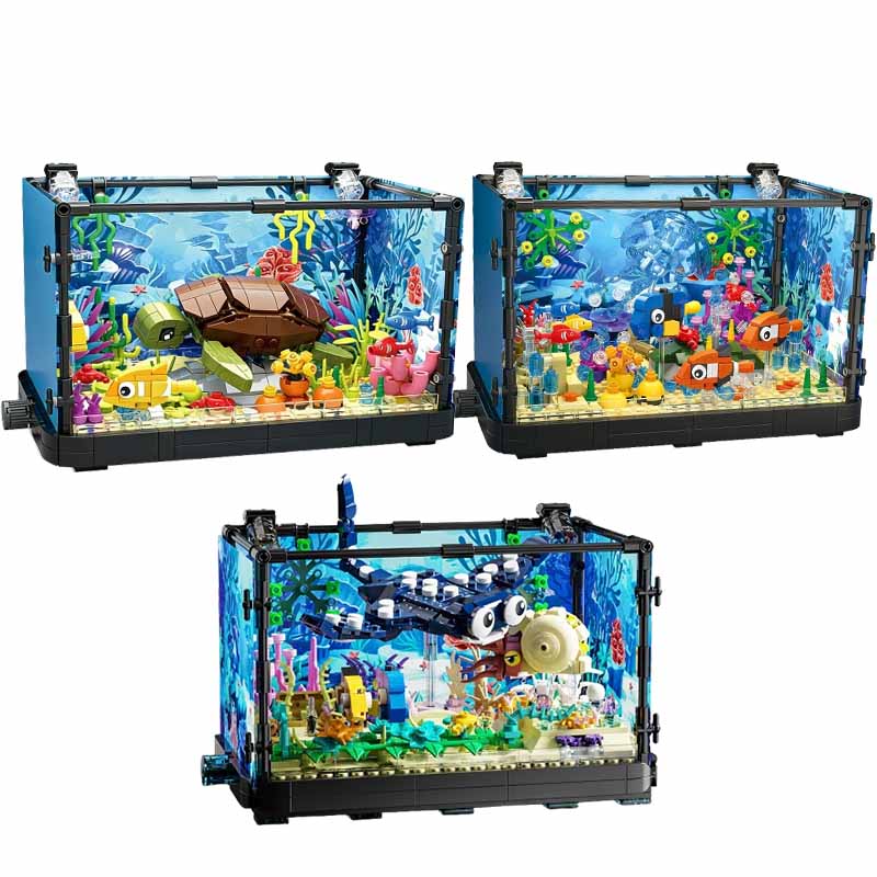 Aquarium Marine Fishes - ライト付き水槽ビルディングブロックセット、水槽、海洋カメ、14歳以上の子供向けビルディングブロックおもちゃ、ギフト、家の装飾
